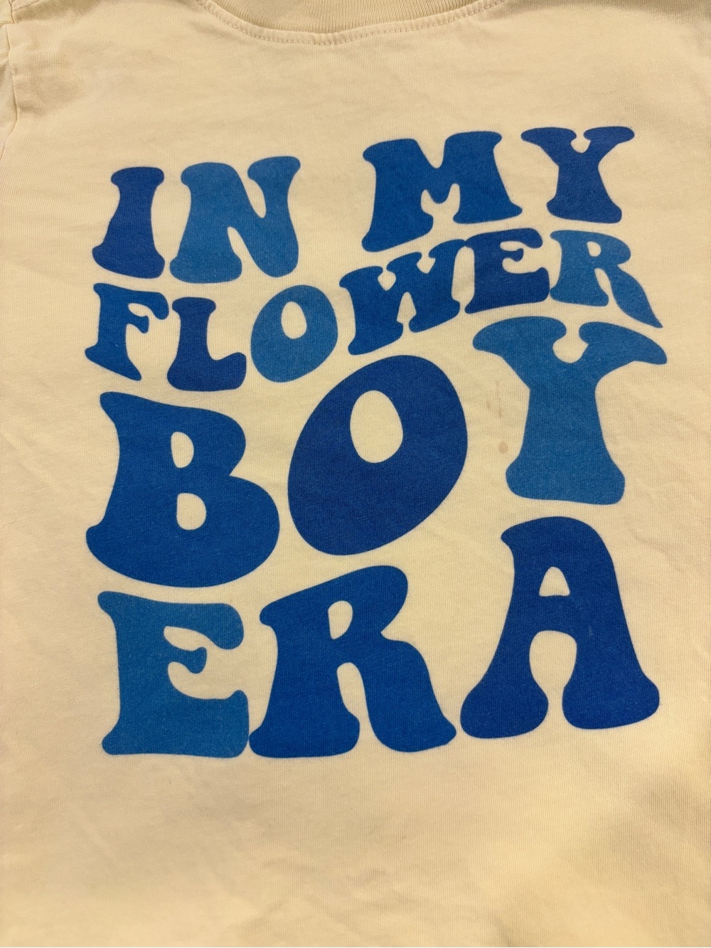 2 Flower Boy T Shirts - Blue Lettering on Cream (size 2T and 5/6T)